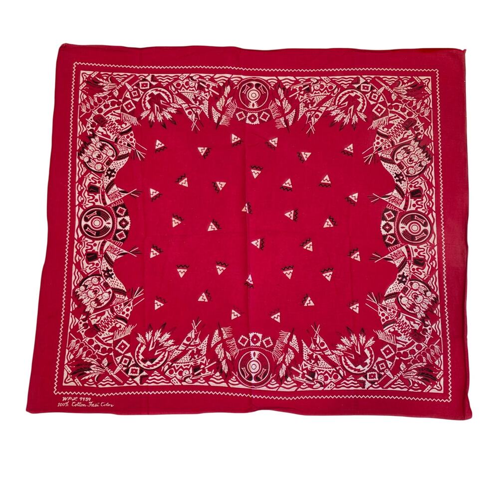 Vintage 50s Tiger Brand WPL 9939 Red Southwestern Cotton Bandana Fast Color